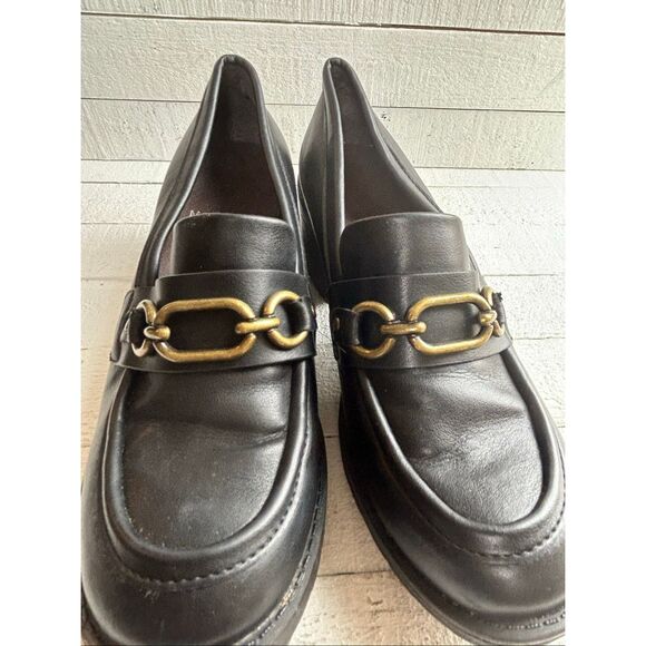 Women’s Black Chunky Heel Loafers Size 6M Gold Chain Block Heel Lug Sole - Picture 9 of 12